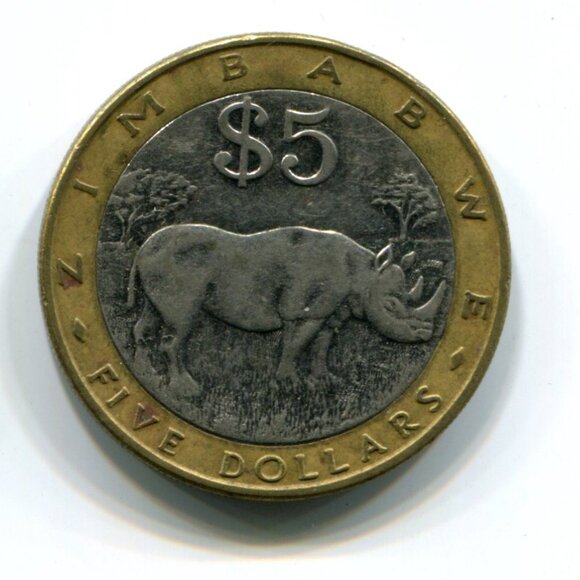 2001 Zimbabwe Bimetallic Rhino $5 Coin (b489-27) - Picture 2 of 2